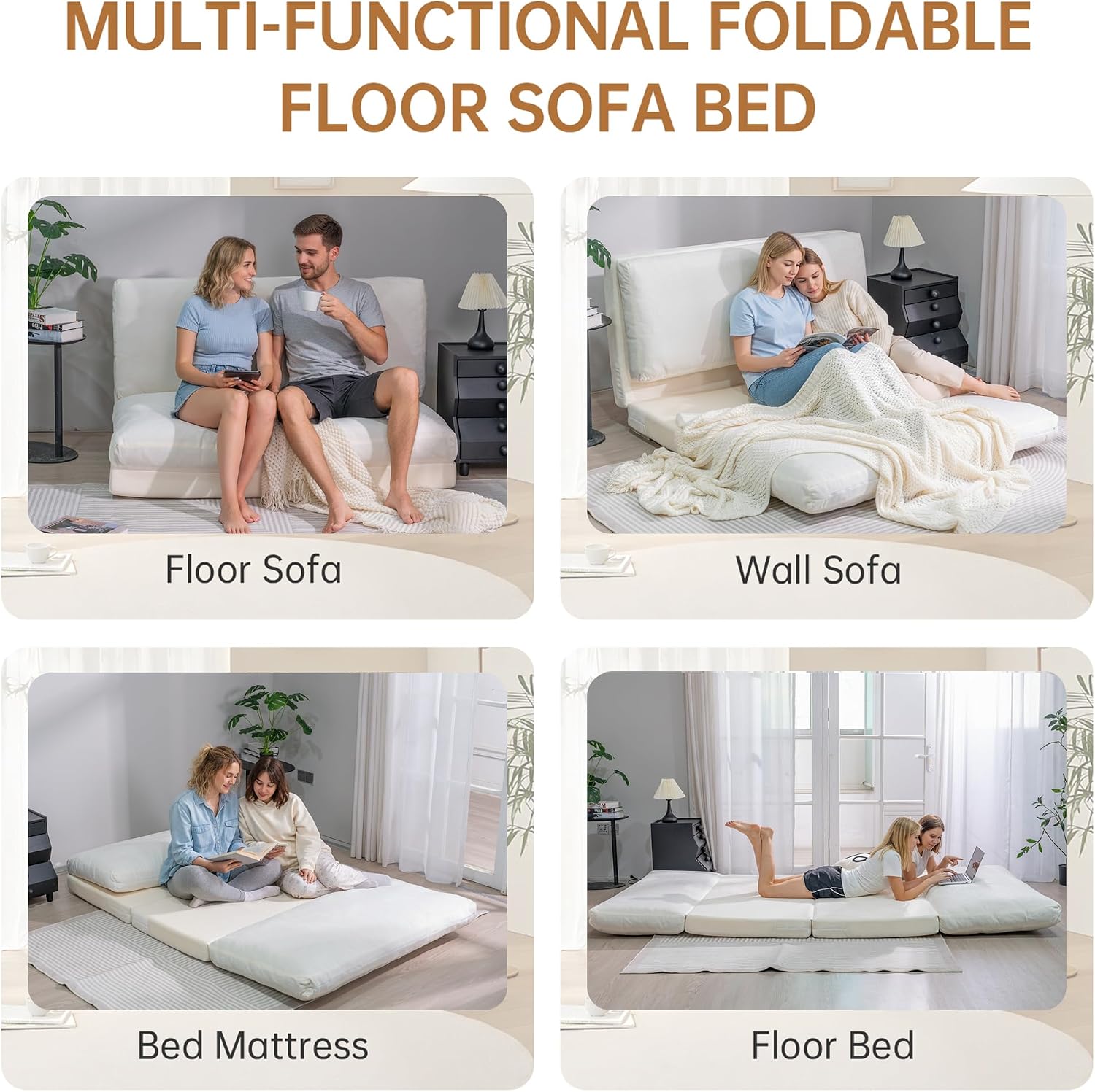 Cvortll 4-in-1 Folding Sofa Bed, Memory Foam Bean Bag Chair, Large Convertible Couch for Adults Bedroom, Living Room, Apartment (Beige-Large)