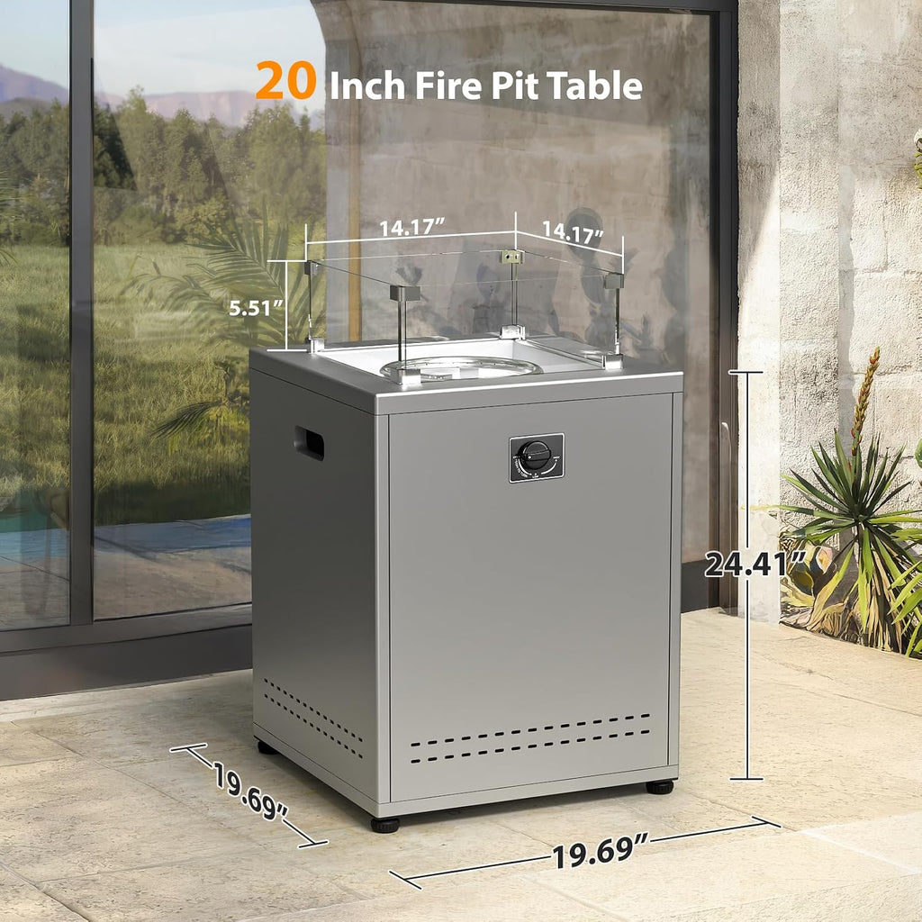 20' Square Smokeless Propane Fire Pit Table, 50,000 BTU Portable Outdoor Patio Heater with Lava Rocks, Glass Wind Guard & Cover for Deck, Backyard, Garden, Camping (Grey)
