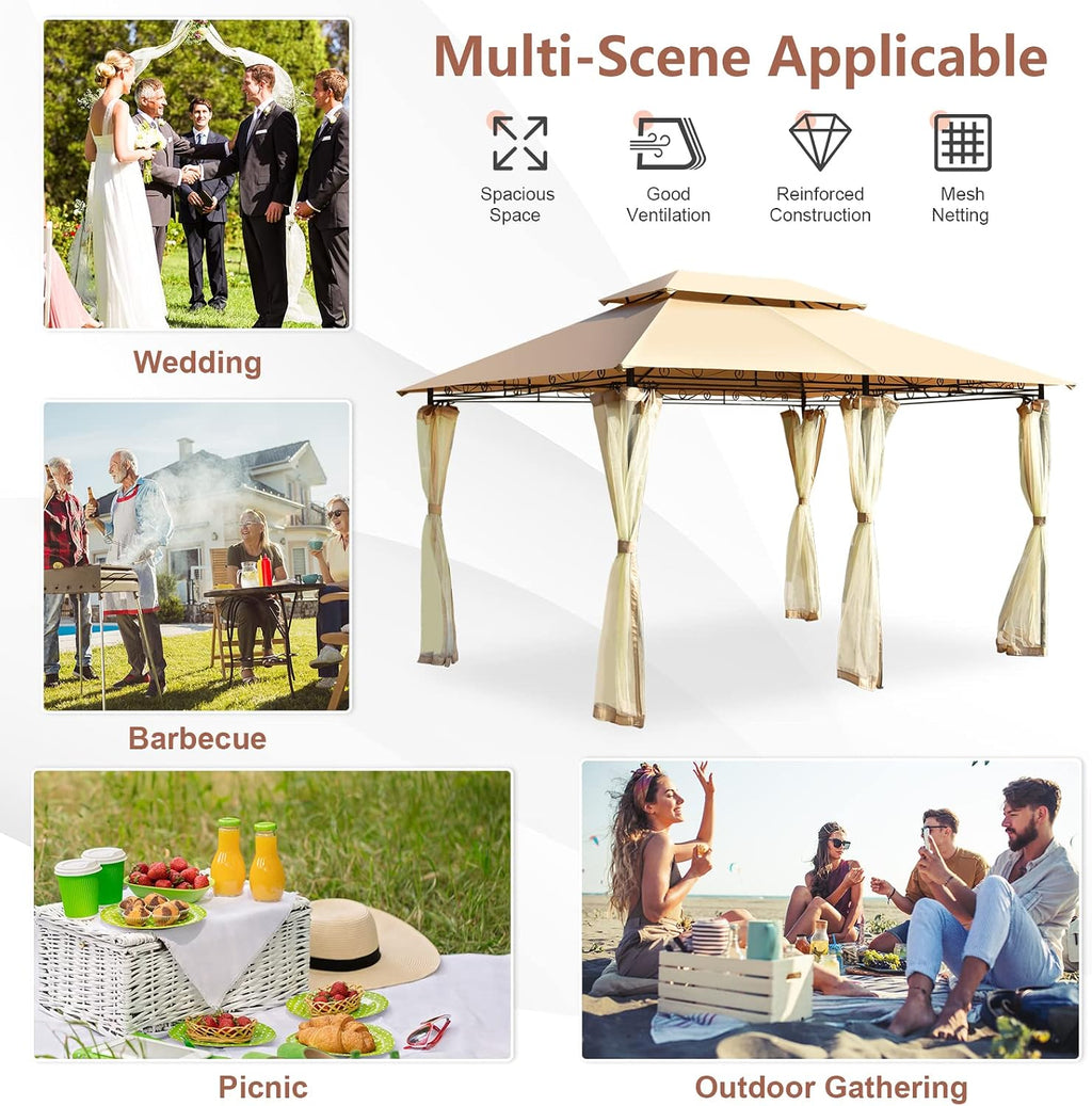 Tangkula 10 x 13 FT Patio Gazebo, 2-Tier Outdoor Gazebo with Removable Netting, Outdoor Patio Shelter with 130 Square Feet of Shade, Ideal for Backyard, Deck, Garden