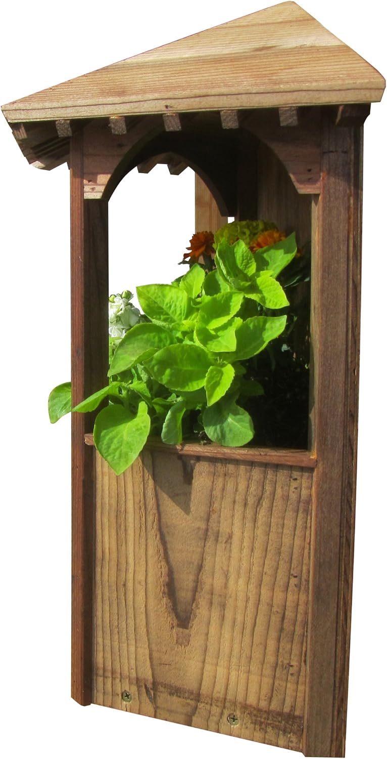 SamsGazebos Wall Mount English Garden Style Wood Gazebo Planter with Decorative Roof, 19-1/2 by 19 by 9-Inch, Brown