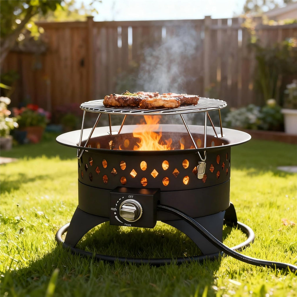 Breezz 20' Outdoor Fire Pit with Grill, 60000 BTU Smokeless Firepit, External Propane Required, Foldable Cooking Grate, Adjustable Flame, Patio Camping BBQ