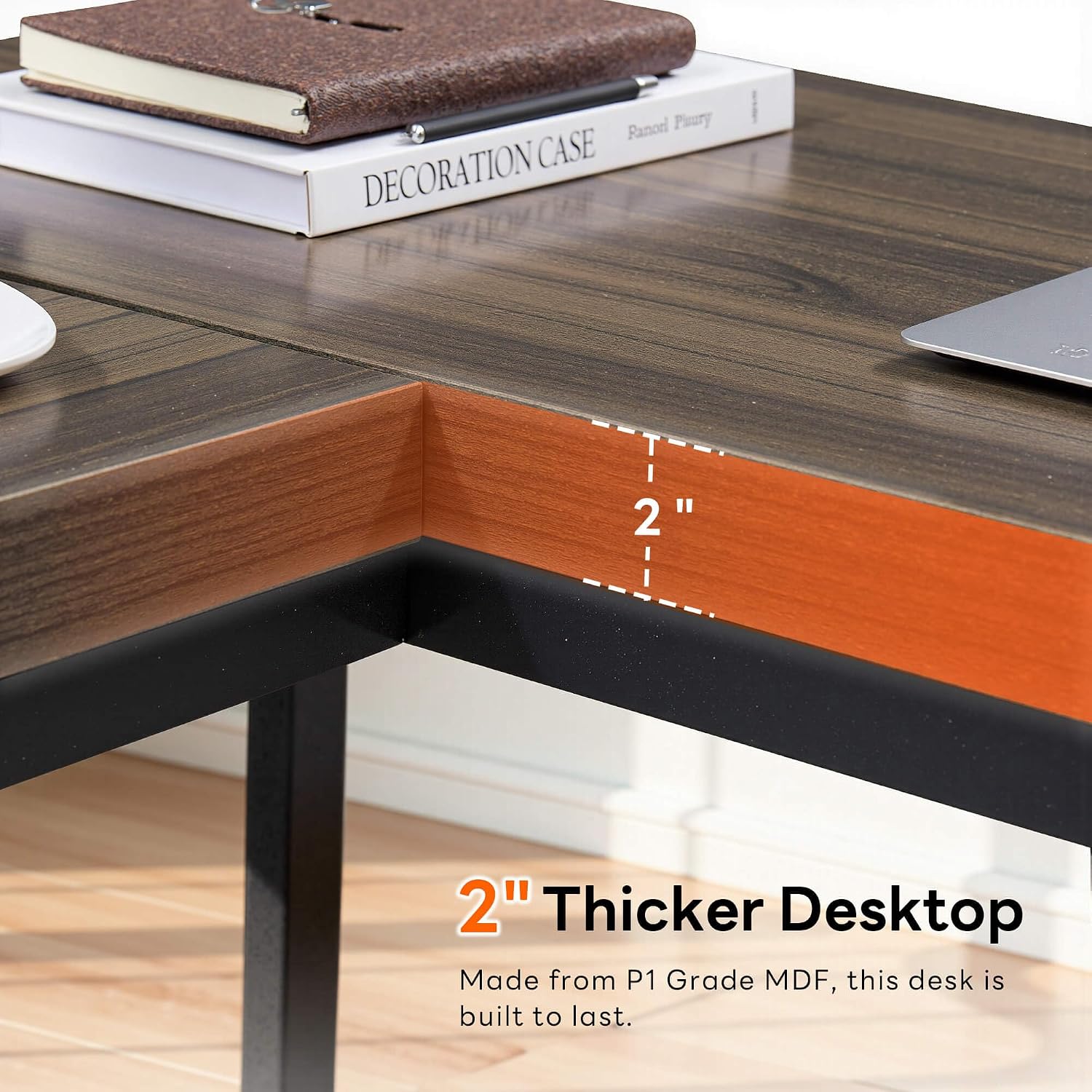 ivinta L Shaped Desk, Modern Corner Home Office Computer Desk with 2' Thicker Desktop for Study Work, Simple Reversible Worksation with Metal Frame for Bedroom Living Room Novas (Brown)