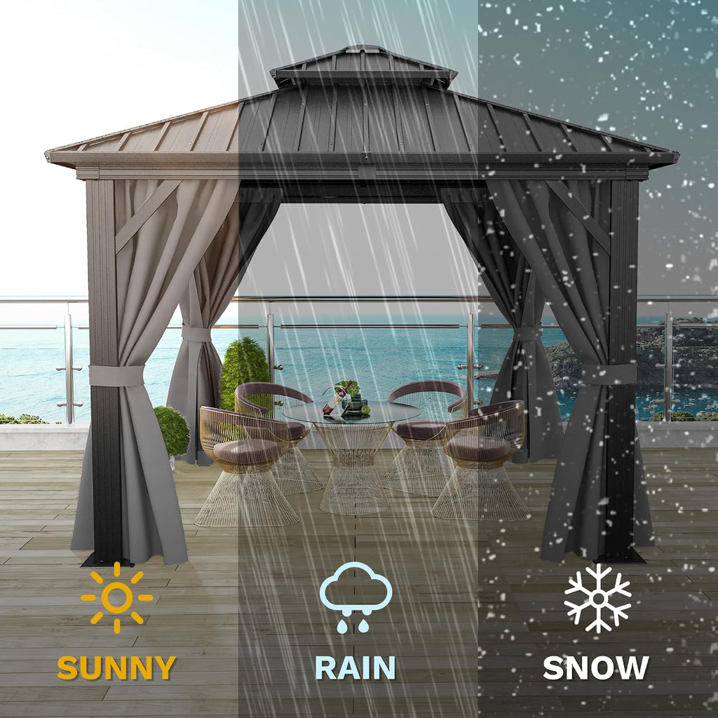 DWVO 10x10ft Gazebo Double Roof Hardtop with Nettings and Curtains, Heavy Duty Galvanized Steel Outdoor Vertical Stripes Roof for Patio, Backyard, Deck, Lawns, Grey
