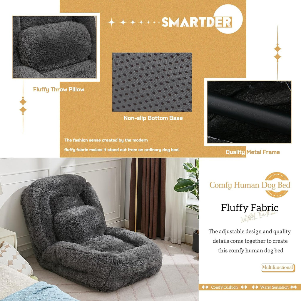 Adjustable Plush Human Dog Bed Lounger for Adult, 5-Position Foldable Lazy Lounge Sofa, Large Size Bean Bag Chair with Pillow, Folding Floor Chair for Living Room, Bedroom, Gaming Room, Dark Gray