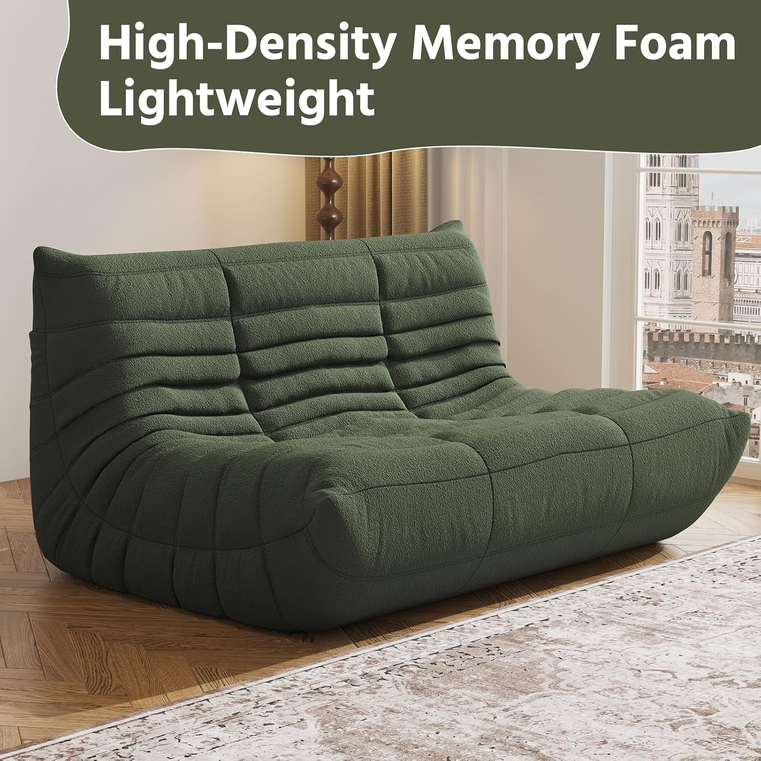 Giant Loveseat Boneless Bean Bag Chair for Adults - Teddy Fleece Fireside Accent Chair with Memory Foam, Comfy Lazy Floor Sofa Couch Chaise Lounge for Living Room Bedroom Theater, 2 Seater, Green