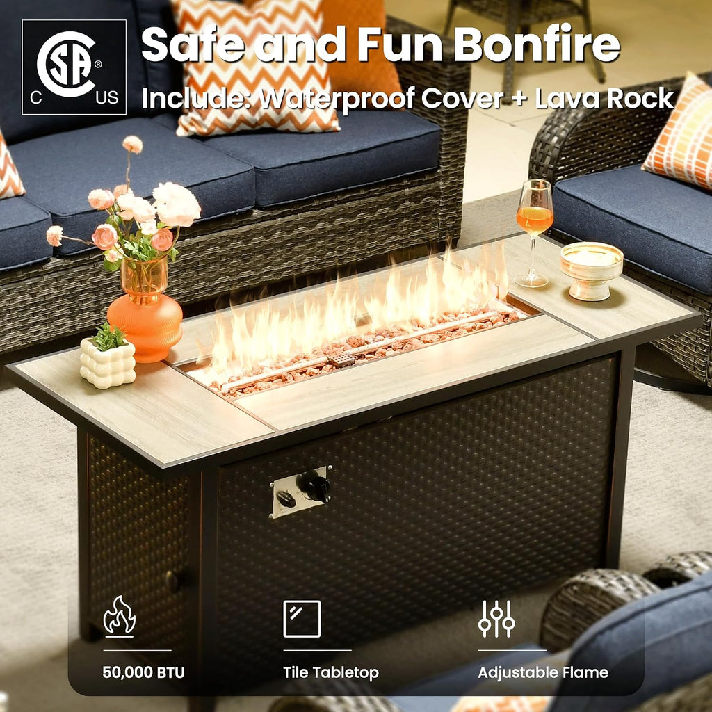 OVIOS 54 Inch Outdoor Patio Fire Pit Table, 50,000 BTU Heater Metal Steel Frame Propane Firepits with Ceramic Tabletop, Waterproof Cover, Lid, Lava Rock, Rectangular, Black