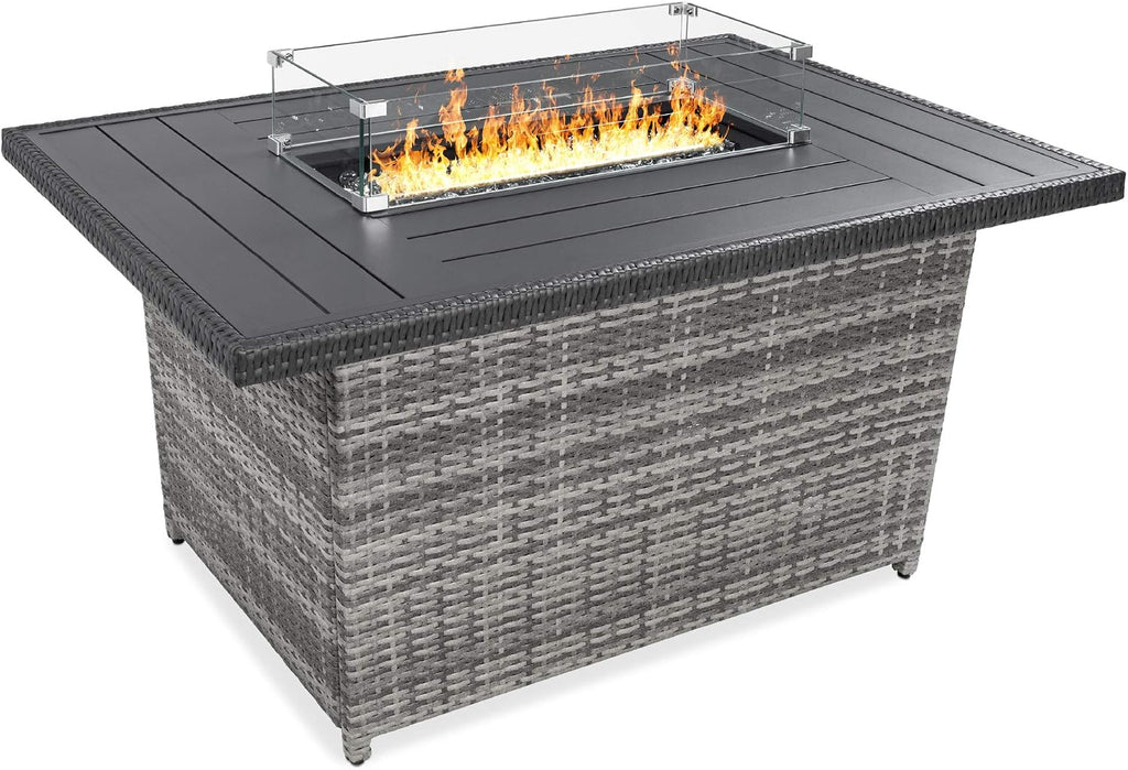 Best Choice Products 52in 50,000 BTU Outdoor Wicker Patio Propane Gas Fire Pit Table w/Aluminum Tabletop, Glass Wind Guard, Clear Glass Rocks, Cover, Slide Out Tank Holder, and Lid - Gray