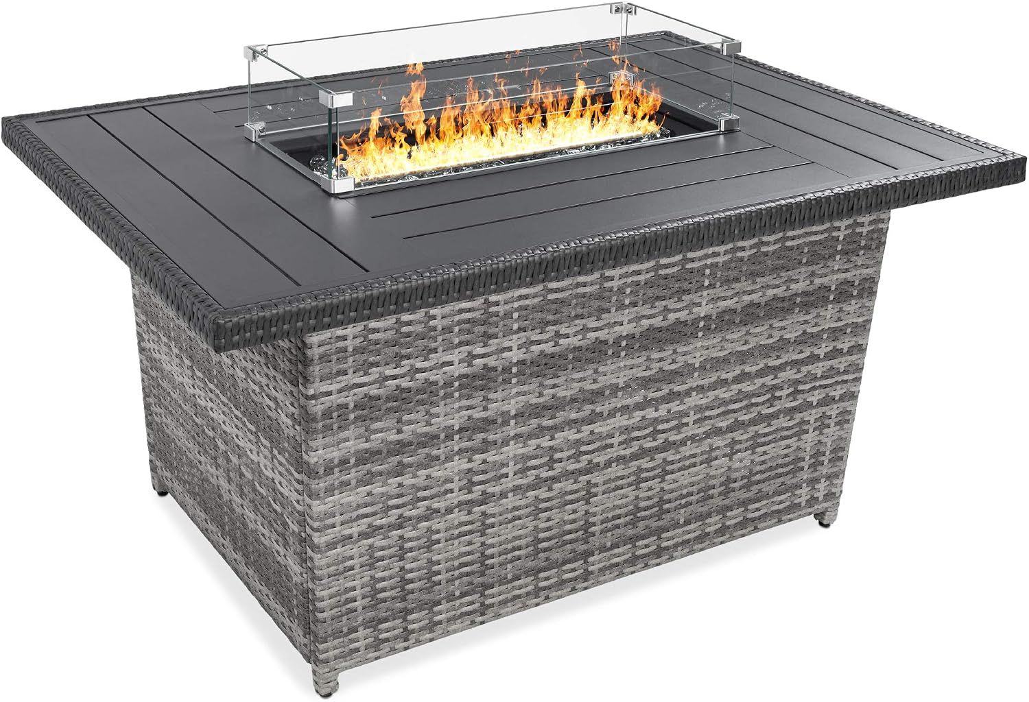 Best Choice Products 52in 50,000 BTU Outdoor Wicker Patio Propane Gas Fire Pit Table w/Aluminum Tabletop, Glass Wind Guard, Clear Glass Rocks, Cover, Slide Out Tank Holder, and Lid - Gray