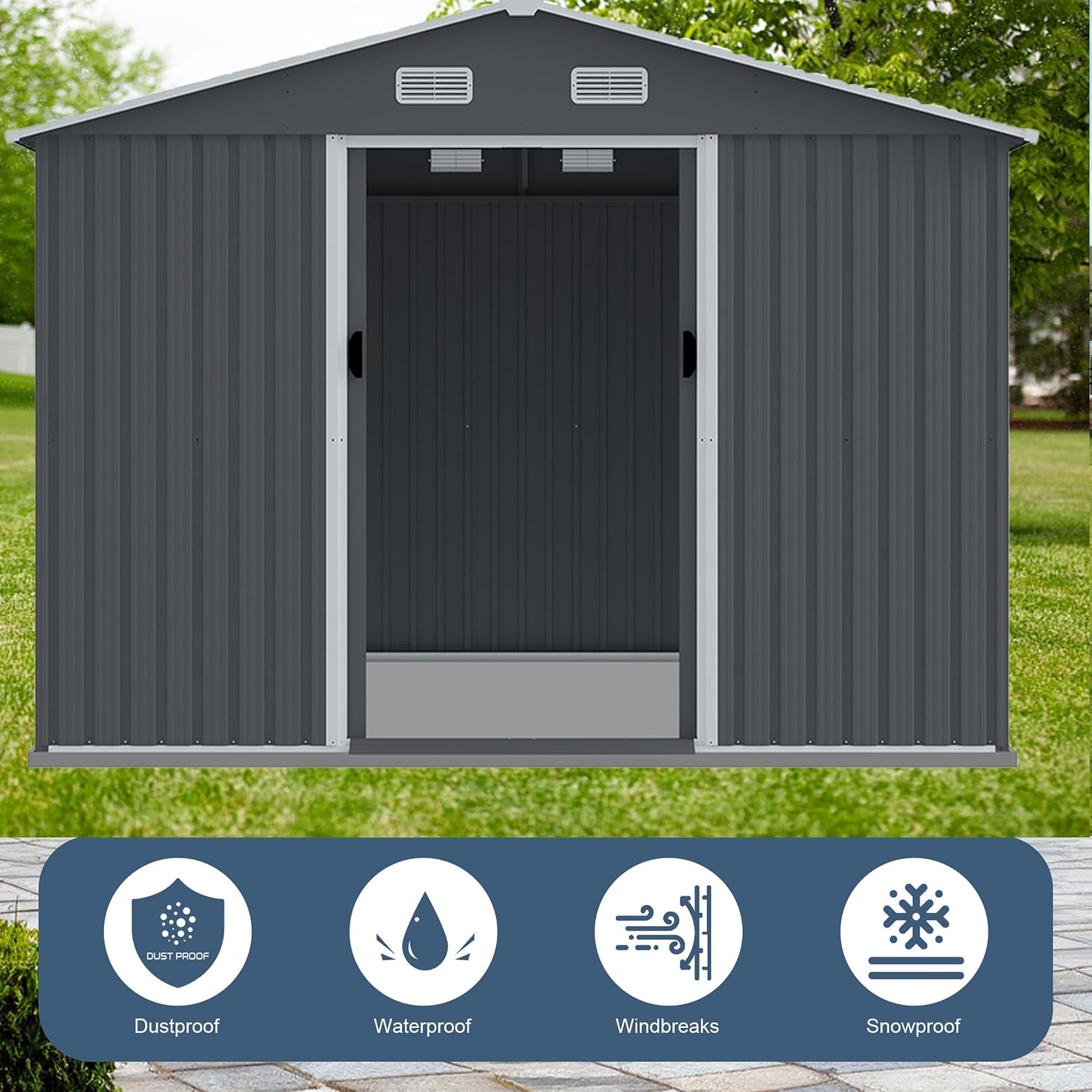 Shed with Windows,Large Metal Outdoor Storage Shed, Lockable Tool Storage shed, Steel Garden shed, Suitable for Backyard, Terrace, and Poolside (Grey, 8FTx10FT)