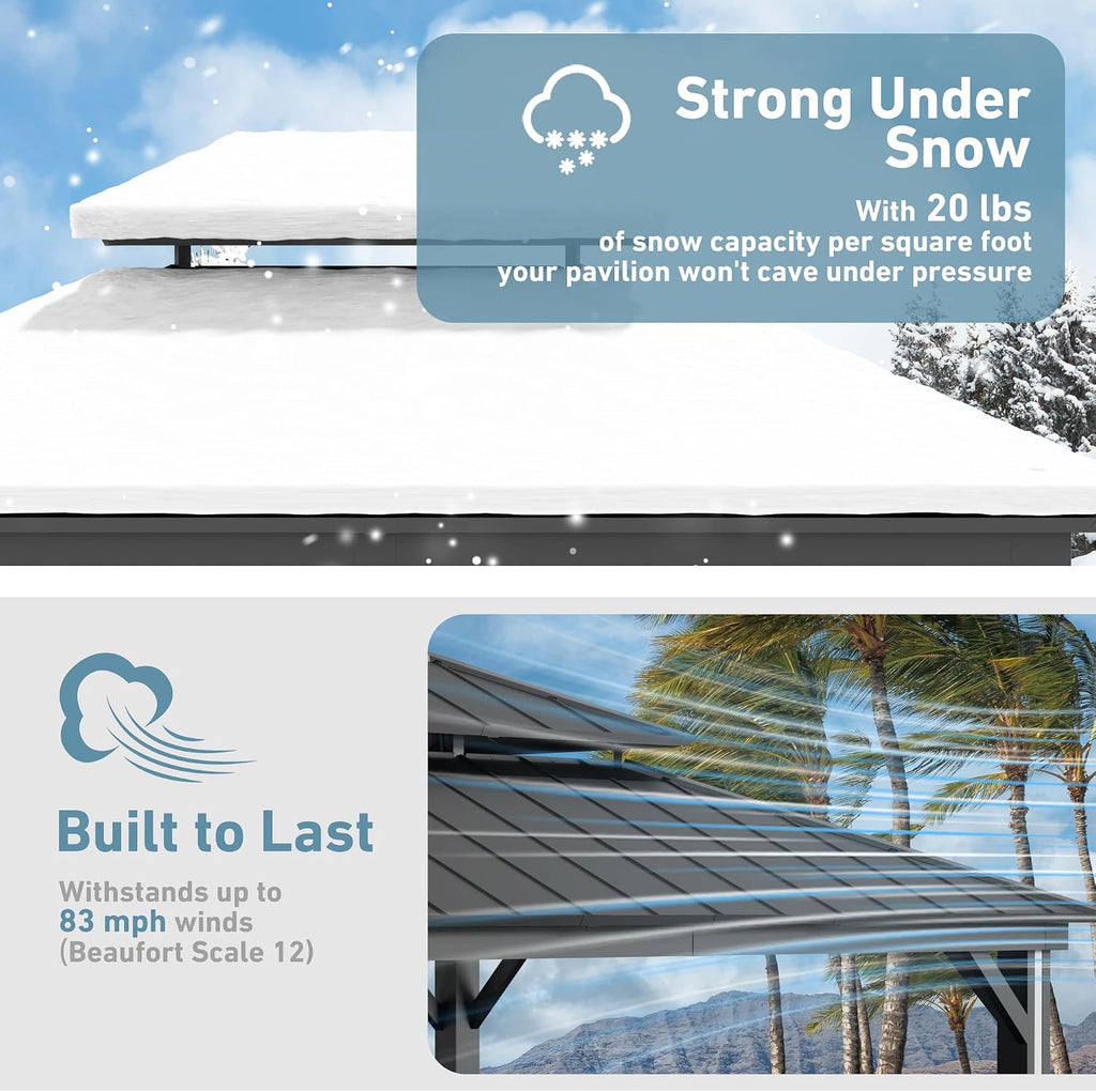 Big Leaf 12' x 14' Hardtop Gazebo with LED Strip Lights – Galvanized Steel Double Roof, USB and USB-C connectors, Mosquito Netting and Curtains – Outdoor Metal Gazebo for Decks and Backyards, Black
