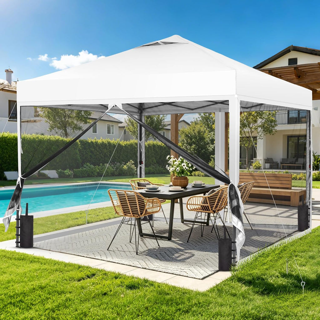 GDY 10x10 Pop up Canopy Tent with Mosquito Netting, Easy up Gazebo for Patio, Camping and Garden, Includes 4 Sandbags, White