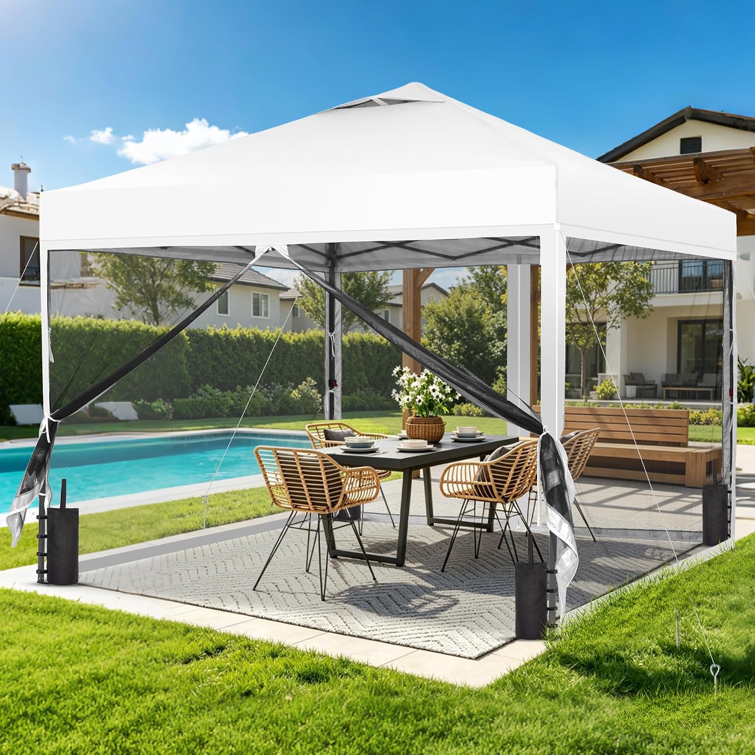GDY 10x10 Pop up Canopy Tent with Mosquito Netting, Easy up Gazebo for Patio, Camping and Garden, Includes 4 Sandbags, White