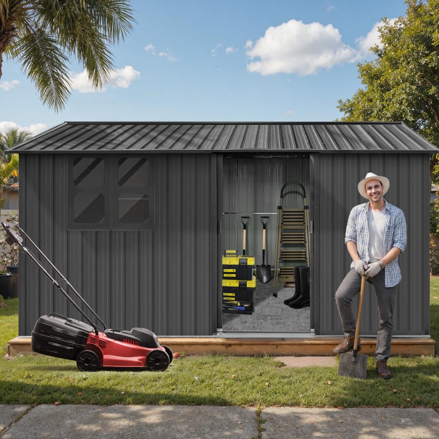 LINKHOO 12'x10' Metal Garden Shed，with Window & Sliding Door，Black