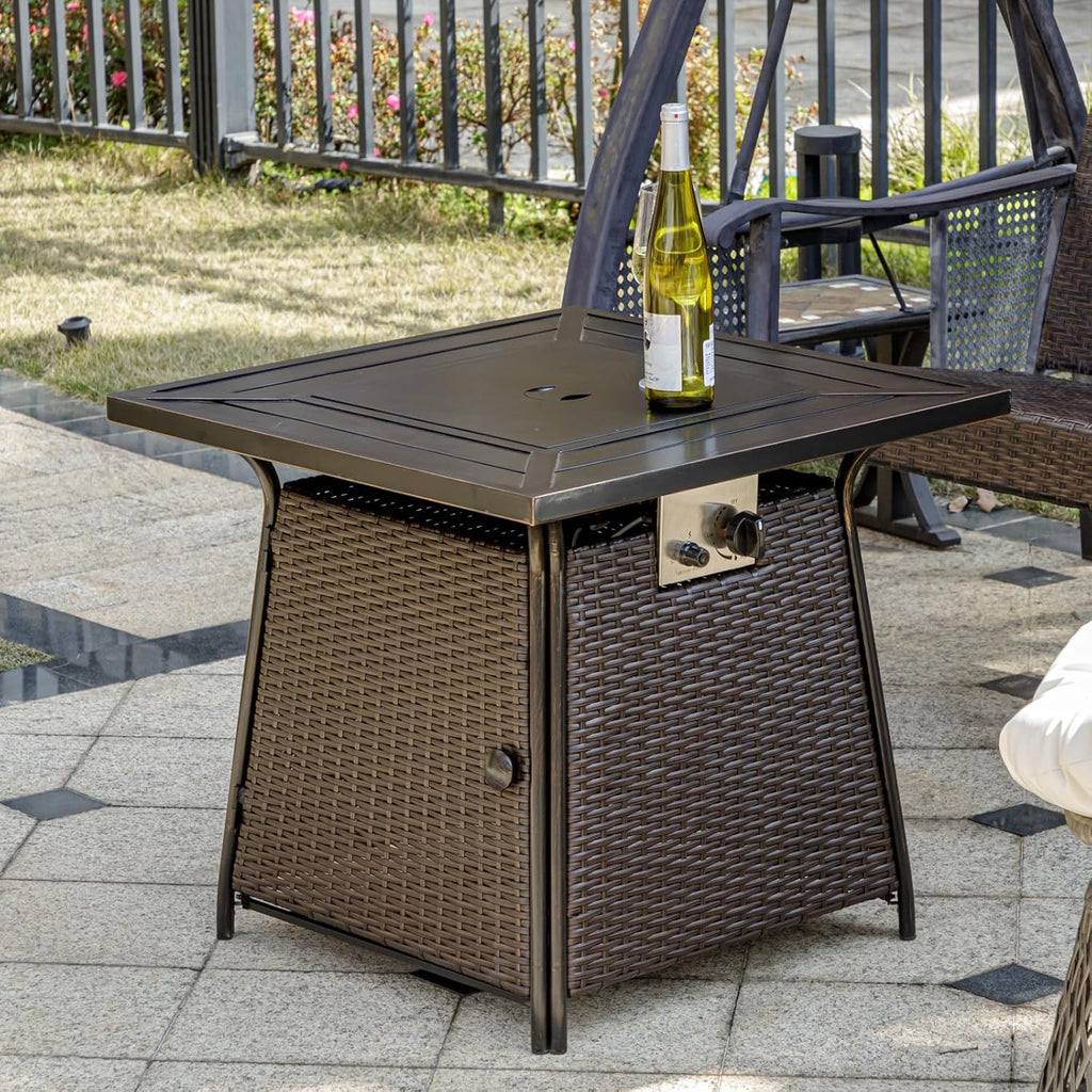 OutVue 28 inch Wicker Propane Fire Pit Table,Gas Fire Pits Table for Outside,50000 BTU Propane Firepit with Lid &Lava Rocks,Gas Firepit for Garden,Yard (Brown Rattan)