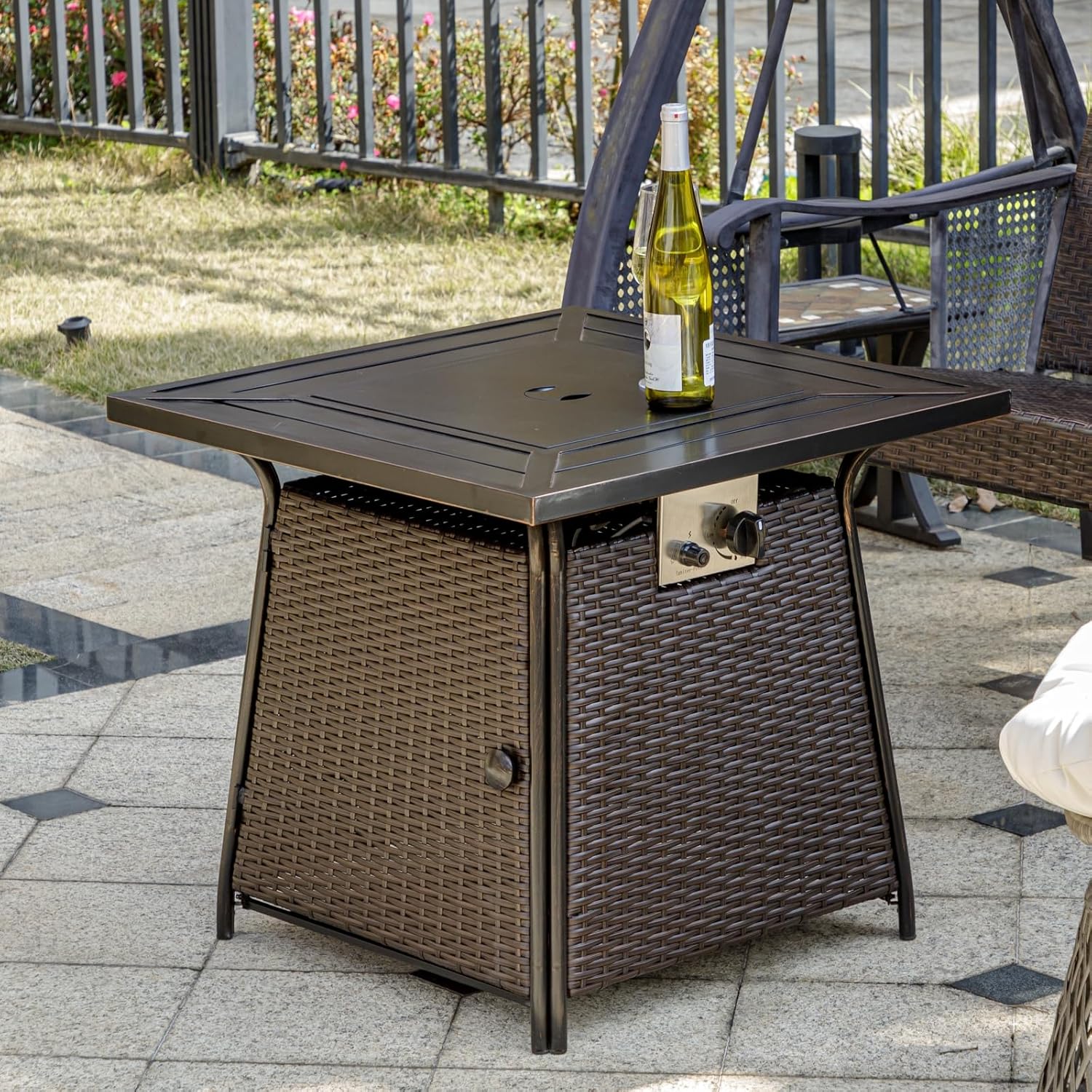 OutVue 28 inch Wicker Propane Fire Pit Table,Gas Fire Pits Table for Outside,50000 BTU Propane Firepit with Lid &Lava Rocks,Gas Firepit for Garden,Yard (Brown Rattan)