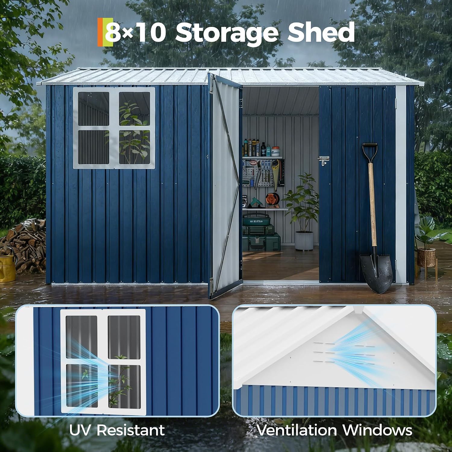 Garvee 10X8 FT Storage Shed with Cross Windows & Double Doors, 450 Cu Ft Large Outdoor Tool Shed, Garden Shed for Riding Mower, Bike, Lawn Equipment - All Weather Meta