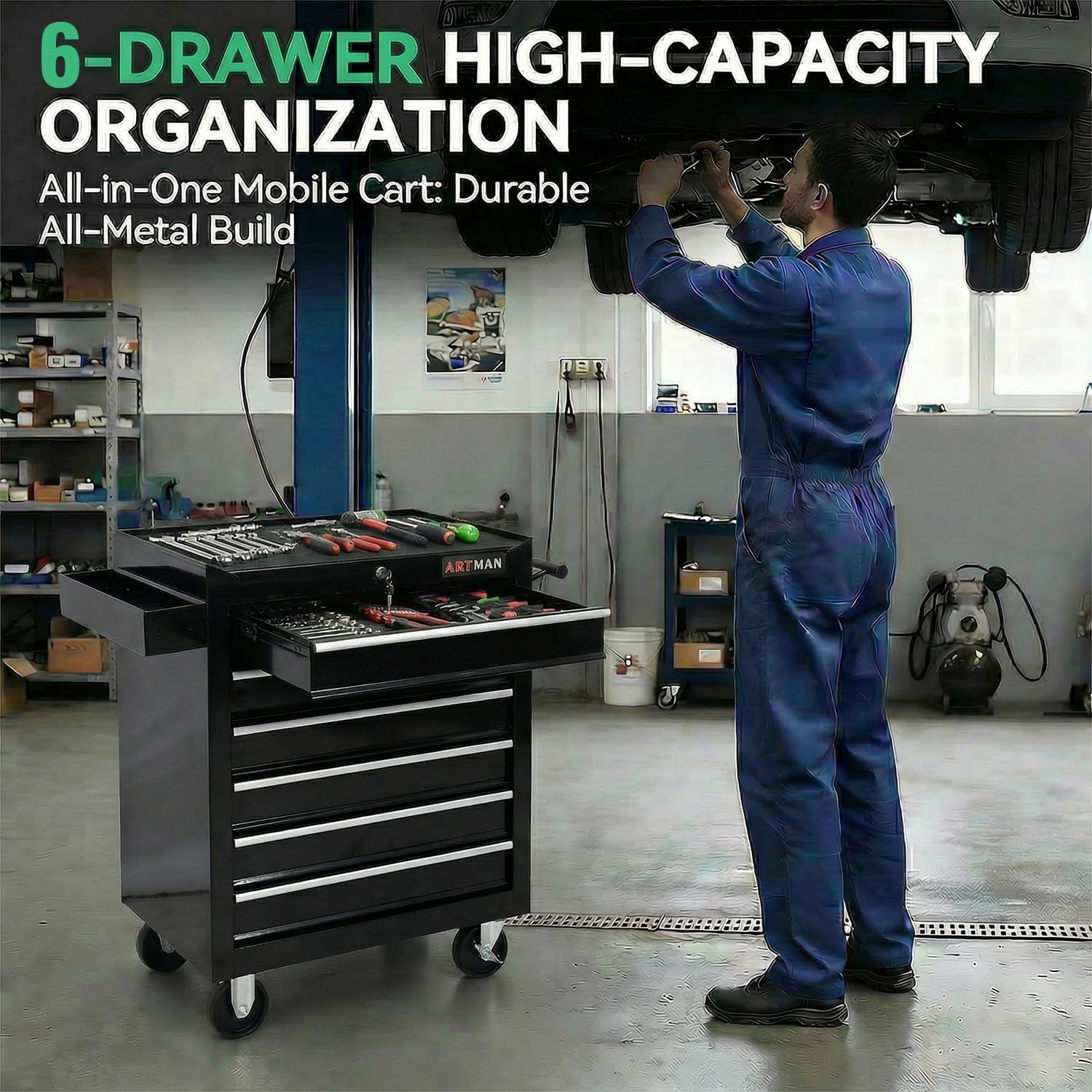 6 Drawers Tool Cart on Wheels,Multifunctional Rolling Tool Chest Tool Storage,Drawers Rolling Tool Trolley Organizer Tool Case for Garage,Warehouse,Workshop,Repair Shop (6 Drawers-Black)