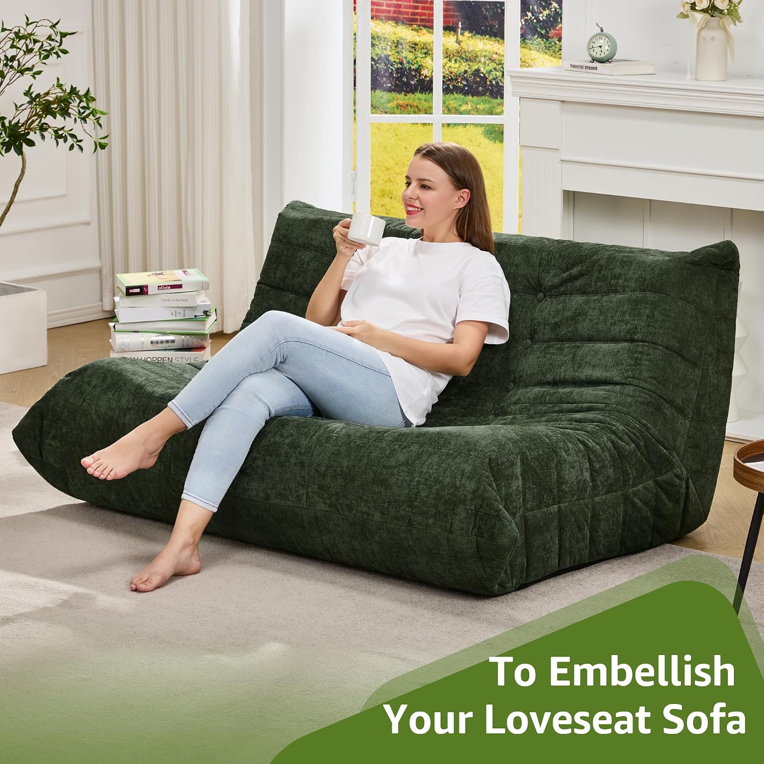 Bean Bag Chairs for Adults Giant Bean Bag Chair Memory Foam BeanBag Chair Bean Bag Sofa with Filler Faux Fur Fireside Beanbags Lazy Sofa for Living Room Bedroom Office (Green Chenille, Loveseat)