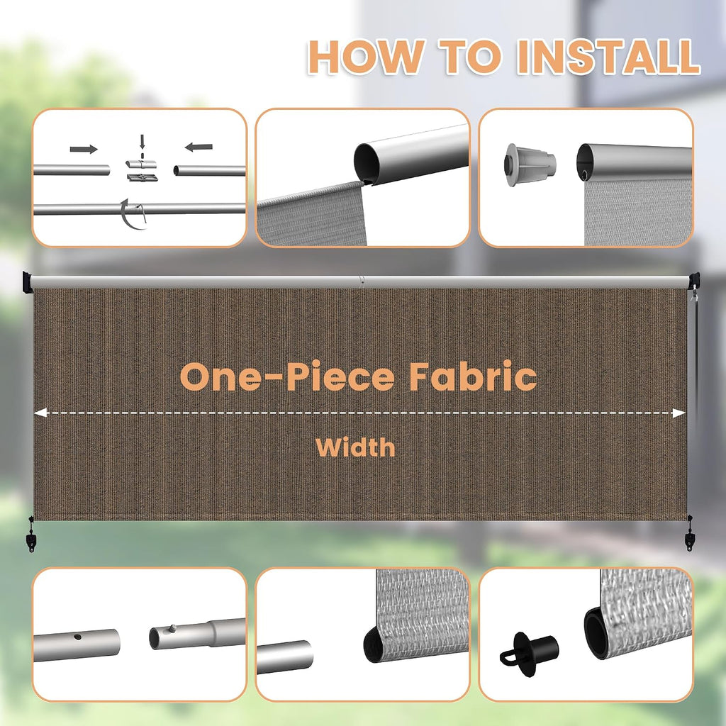 VICLLAX Customized Size Outdoor Roller Shade, Patio Cordless Roller Blinds, Exterior Roll Up Shade with Spliced Design for Patio Porch Gazebo