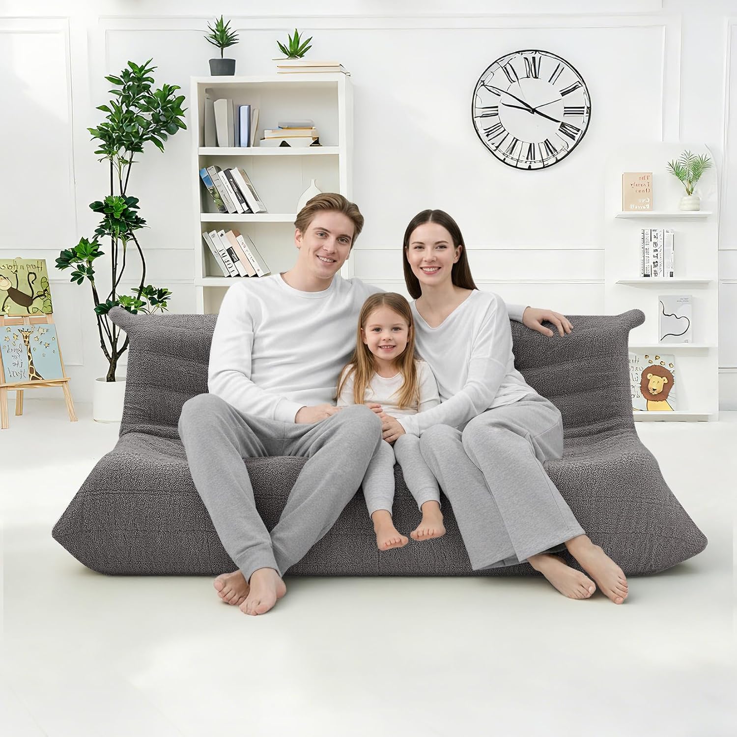HABUTWAY Bean Bag Chairs Fireside Lazy Floor Sofa, Soft Teddy Fleece 3 Seater Sofa with High-Resilience Foam Filling，Beanbag for Living Room, Bedroom, Office (Dark Grey Teddy)