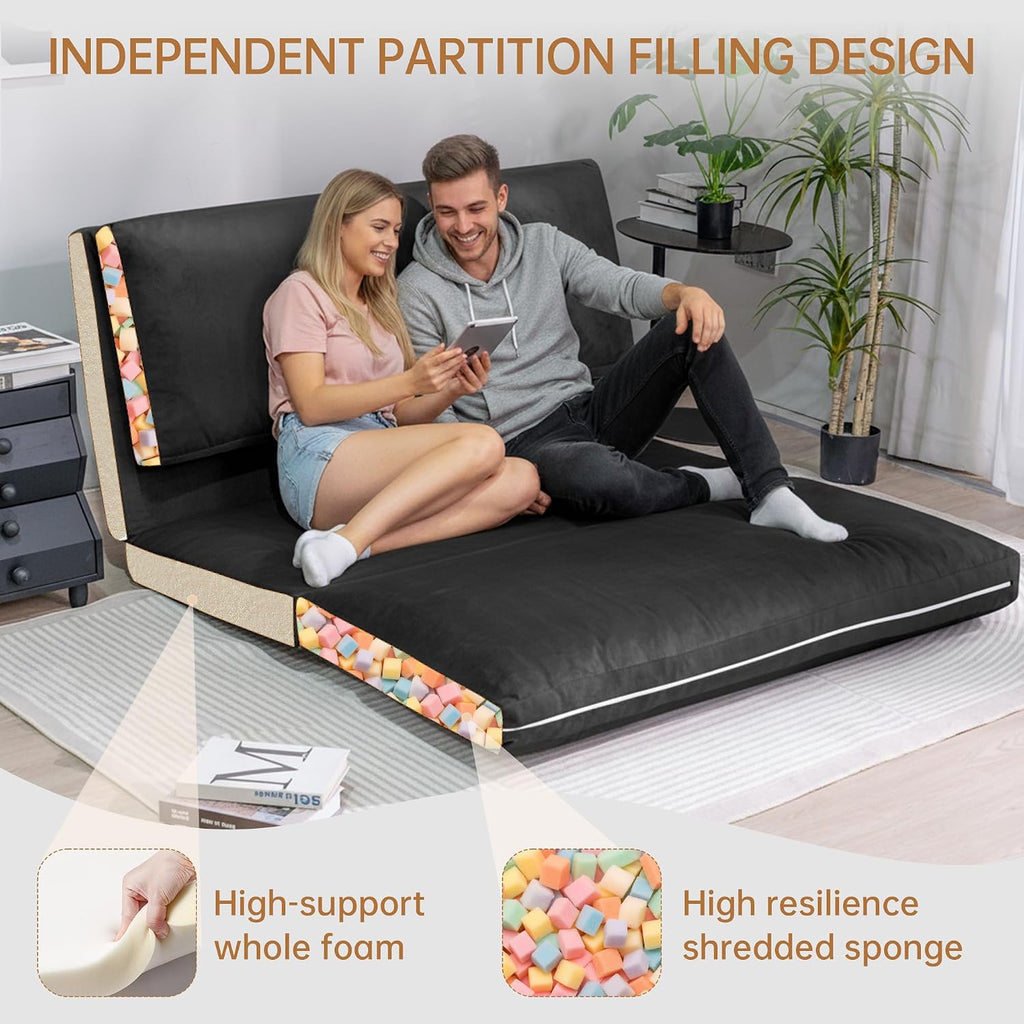 Cvortll 4-in-1 Folding Sofa Bed, Memory Foam Bean Bag Chair, Large Convertible Couch, Floor Foldable Sofa for Bedroom, Living Room, Apartment (Black-Large)