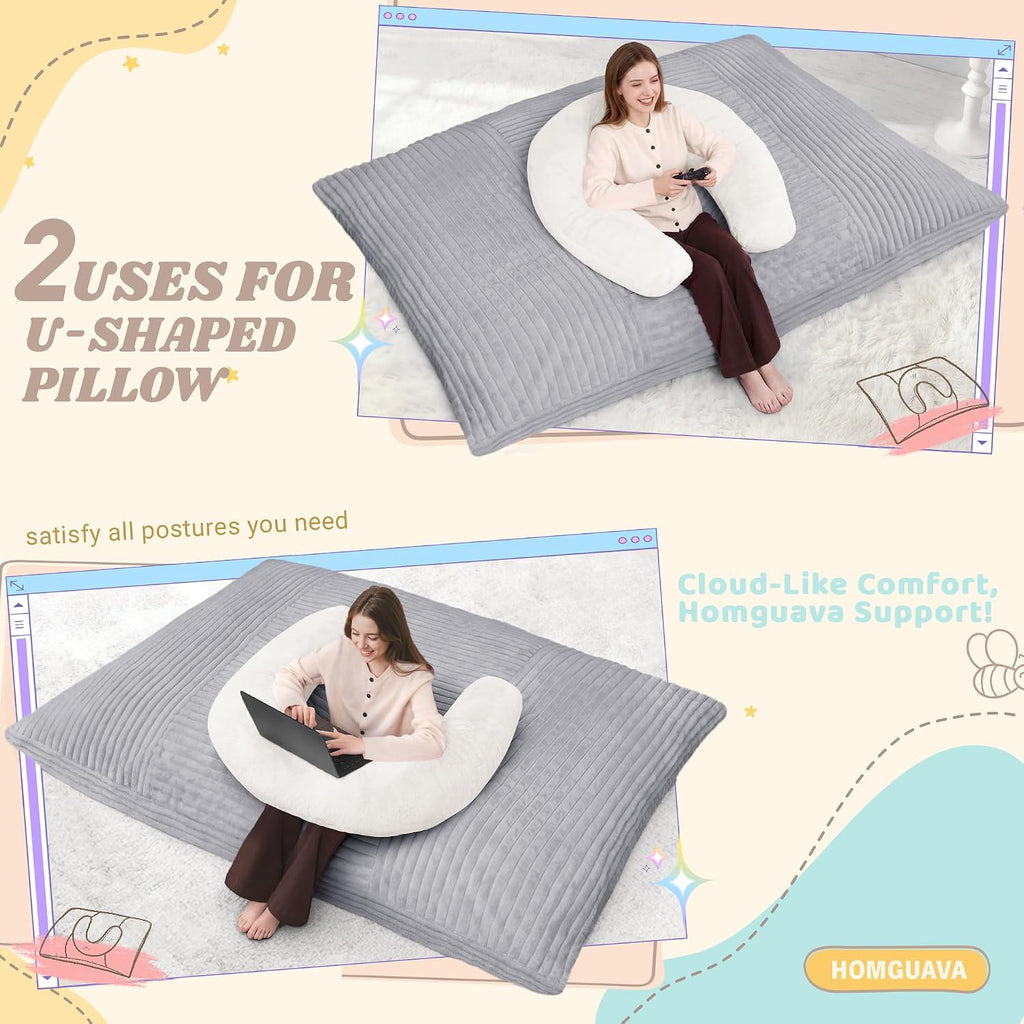 Homguava Giant Bean Bag Chair for Adults with Pillow, 4 in 1 Convertible Floor Cushion for Adluts, Memory Foamed Bean Bag Lounger with Washable Cover for Living Room, Bedroom