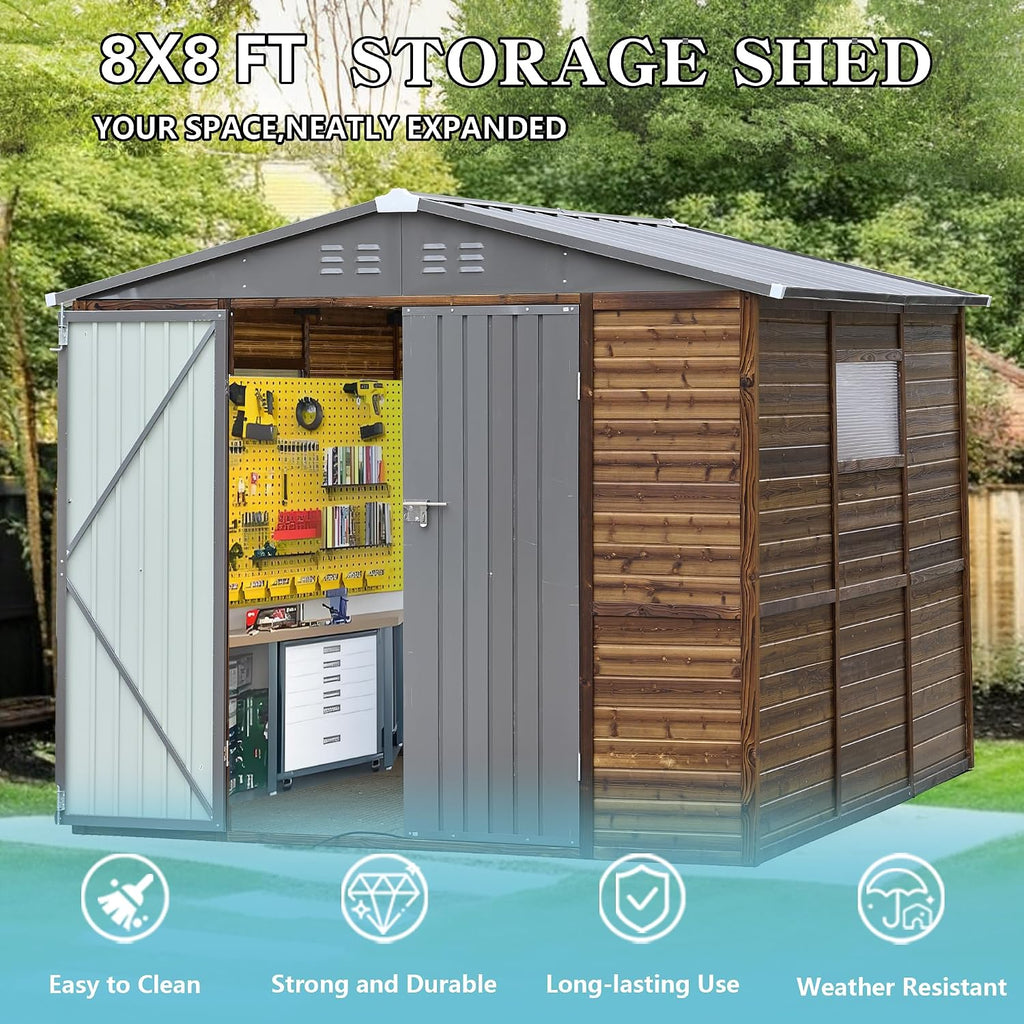 8x8 FT Outdoor Tool Shed, Wood-Iron Combination Storage Shed with Ventilation, Weather-Resistant Roof, Lockable Doors & Wood Grain Finish for Backyard and Garden