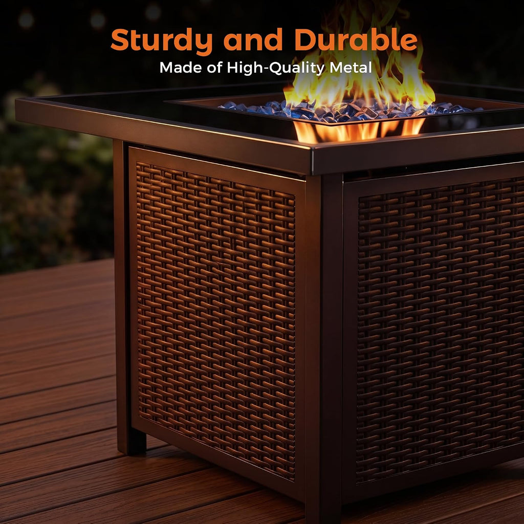 BALI OUTDOORS 32 inch Glass Tabletop Propane Fire Pit Outdoor, 50,000 BTU Propane Fire Pit Table Square, Gas Firepits for Outside Patio, Garden, Brown