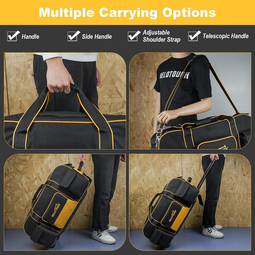 MELOTOUGH Rolling Tool Bag with Wheels,Large Capacity Tool Bag Organizer with Concealed Telescoping Handle for Electrician,Construction,HVAC,Technician (Yellow/Black)