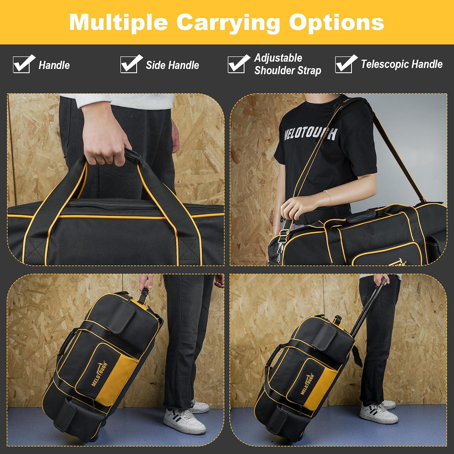 MELOTOUGH Rolling Tool Bag with Wheels,Large Capacity Tool Bag Organizer with Concealed Telescoping Handle for Electrician,Construction,HVAC,Technician (Yellow/Black)