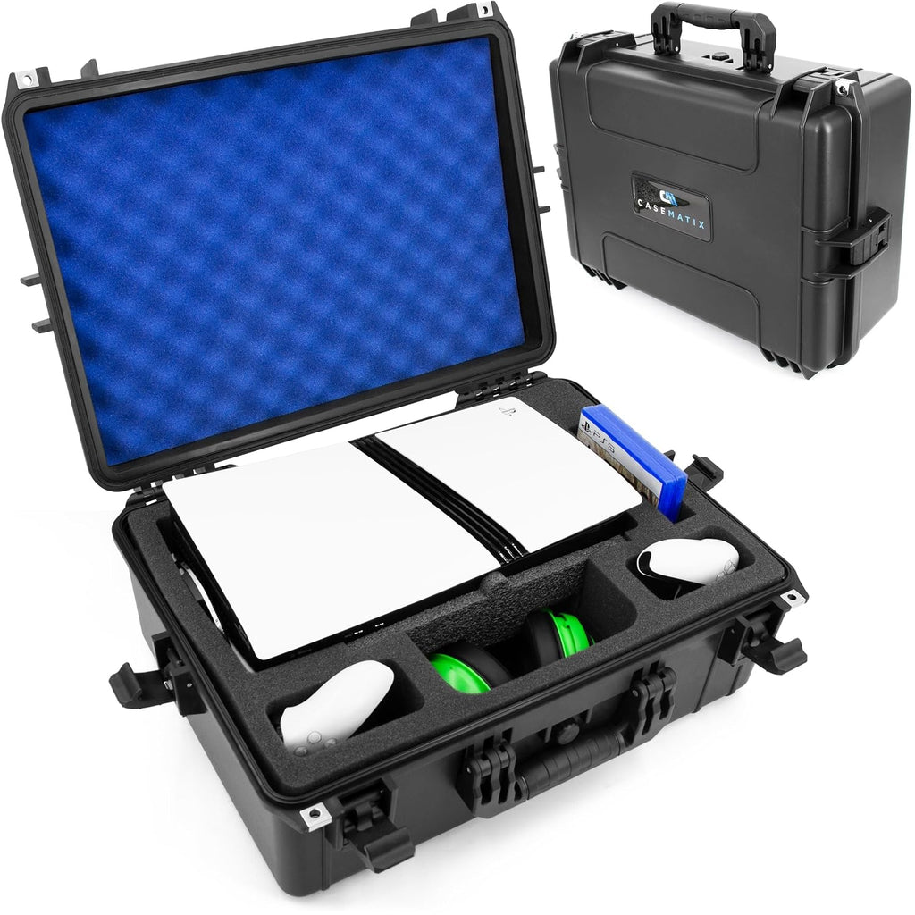 CASEMATIX Travel Case Compatible With PlayStation 5 Pro & PS5 Pro Disc Drive - Hard Shell Waterproof Case with Custom Foam for Console, Pro Controllers, Stand, Headset, Games & Accessories (Blue Lid)
