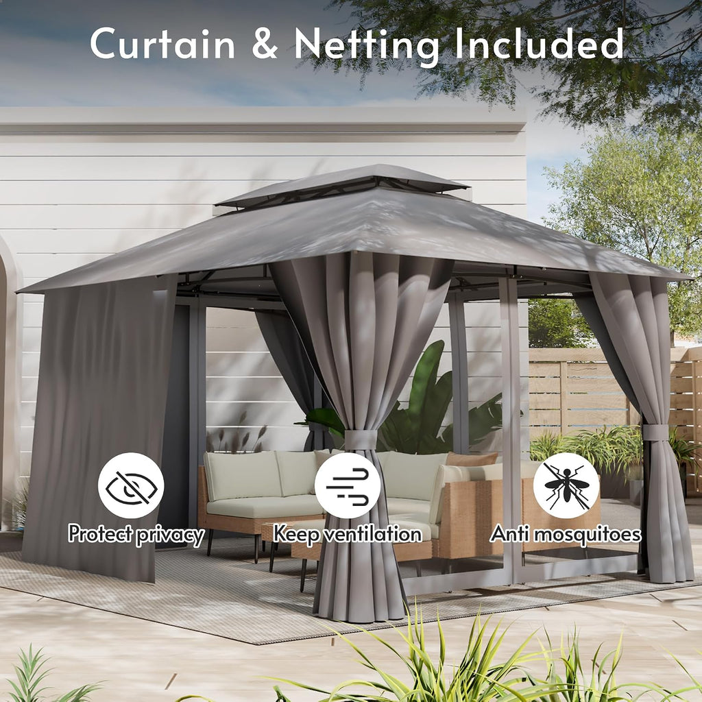 Gazebo 10x13 with Mosquito Netting & Privacy Screens. Double Roof Design Outdoor Gazebo with Powder-Coated Metal Frame for Patio, Deck, Backyard, Garden & Lawns(Dark Gray)