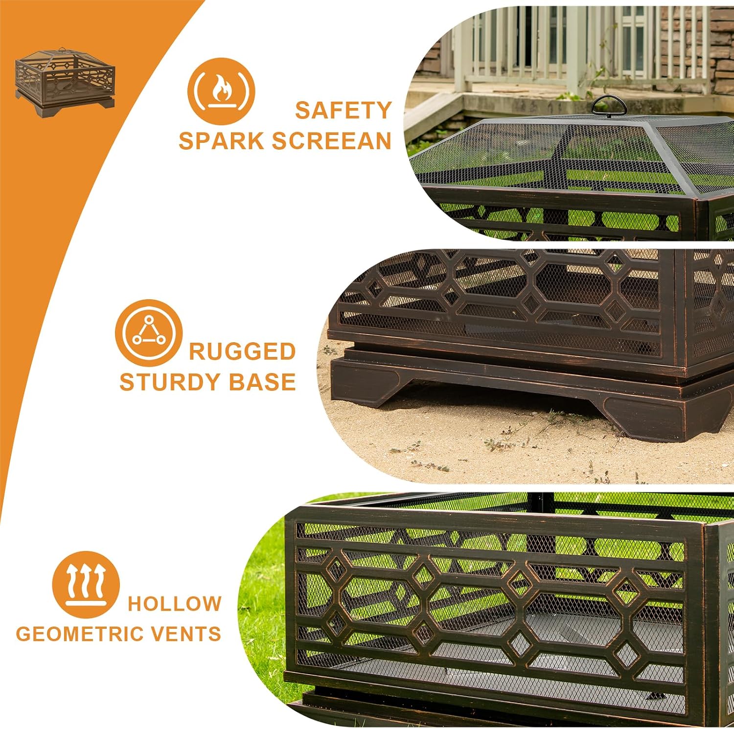 Florise Outdoor Fire Pit, 32 Inch Wood Burning Firepit for Outside with Mesh Cover & Fire Poker, Large Square Metal Fireplace for Patio, Backyard, Garden, Bonfire Party