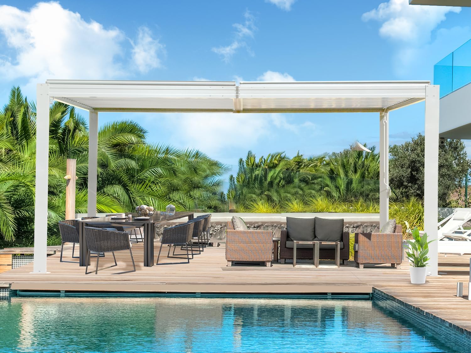 Domi Louvered Pergola 10X16FT, Aluminum Pergola with Adjustable Louvered Roof and Drainage Gutter, Outdoor Gazebo for Patio, Backyard, Deck, White