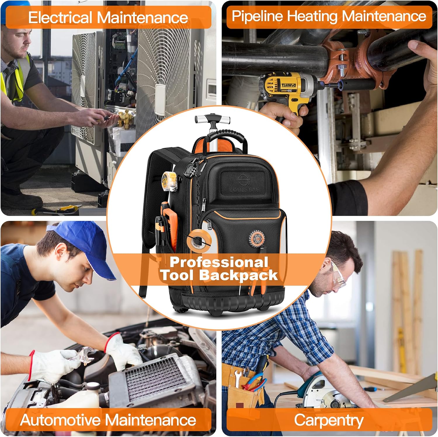 Backpack Tool Bag with Wheel, Rolling Tool Backpack for Electrician Heavy Duty Roller Tool Bag on Wheel for Construction Work, 75 Pockets & Loops Tool Backpack with Molded Base and Combination Lock