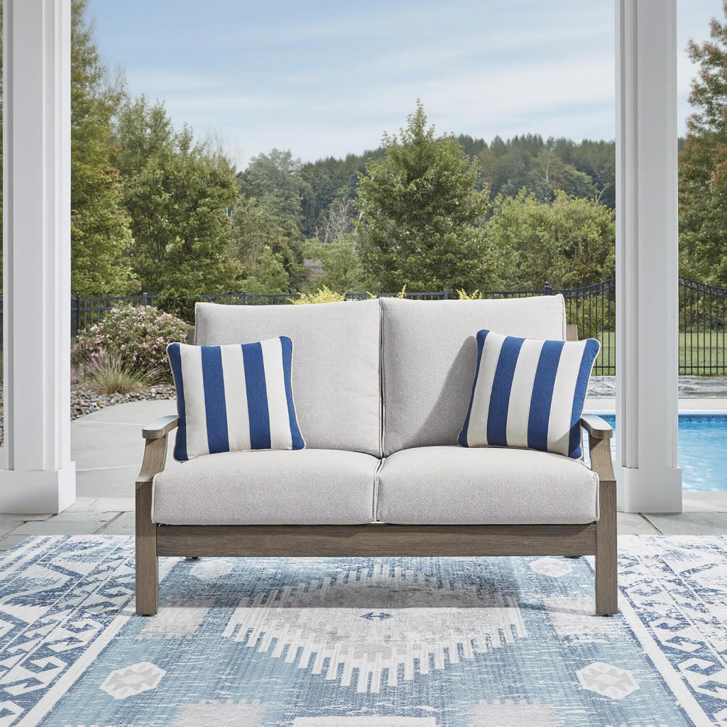 Signature Design by Ashley Rainier Ranch Casual Nuvella Weather Resistant Fabric Outdoor Loveseat with Cushion and 2 Accent Pillows, Light Brown & Light Gray