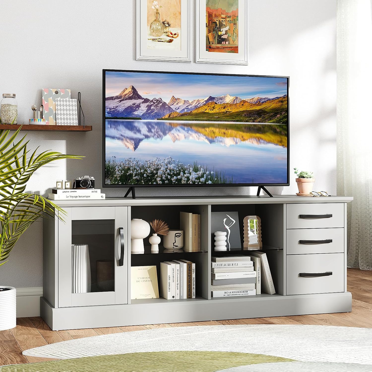 Tangkula Farmhouse TV Stand for 75 Inch TVs, 63' Media Console Table with 3 Drawers, 2 Glass Shelves & Cable Holes, Modern Wooden Entertainment Center for Living Room, Bedroom (Gray)