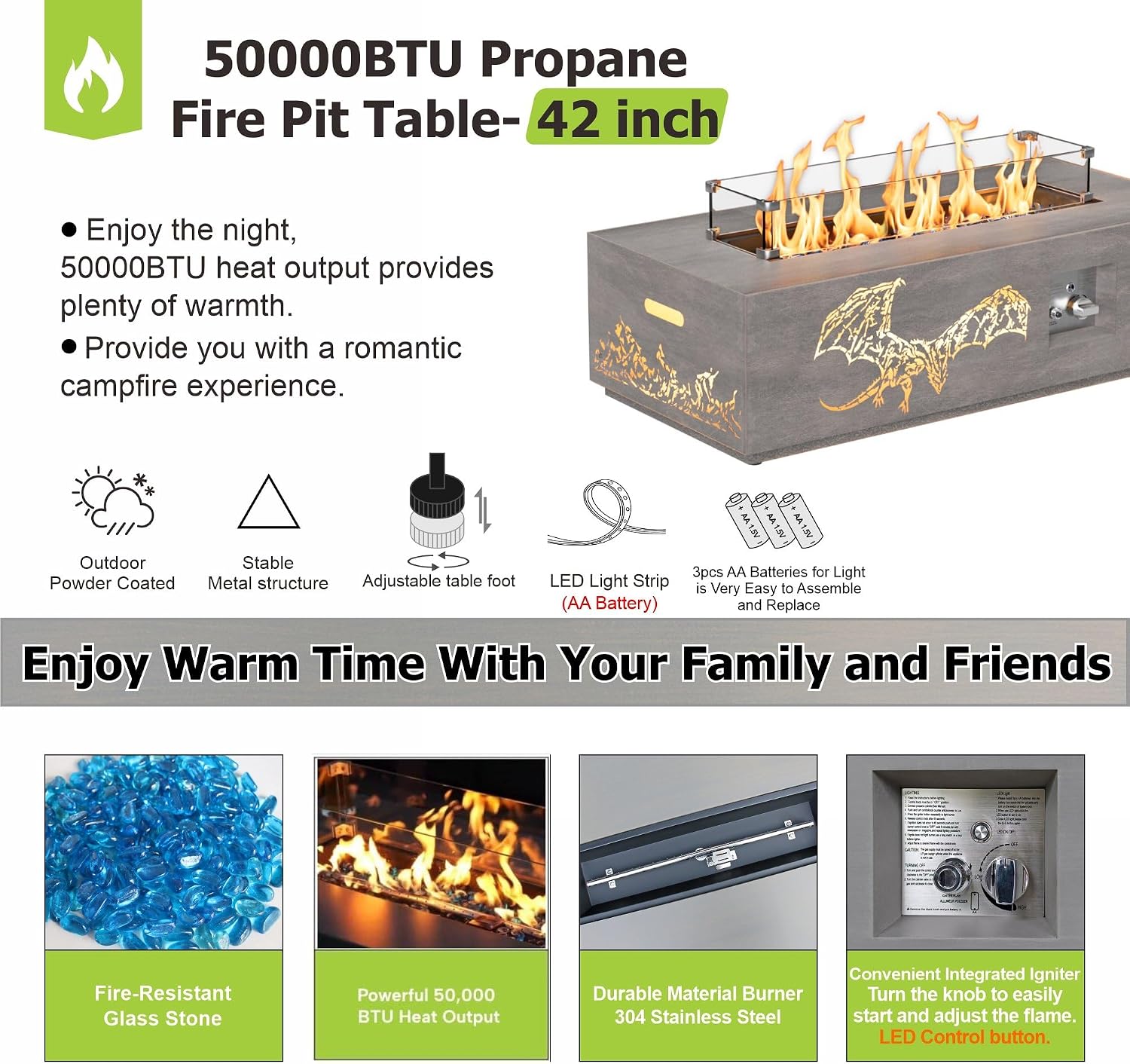 SUNPEAK 42' Propane Fire Pit table with LED Light - 50,000 BTU with Wind Guard, Lid, Rocks and Cover - Gas Fire Pits for Outside Patio - Fire Pit Tables for Outside Patio (Grey/Dragon Cutout, 42' LED)