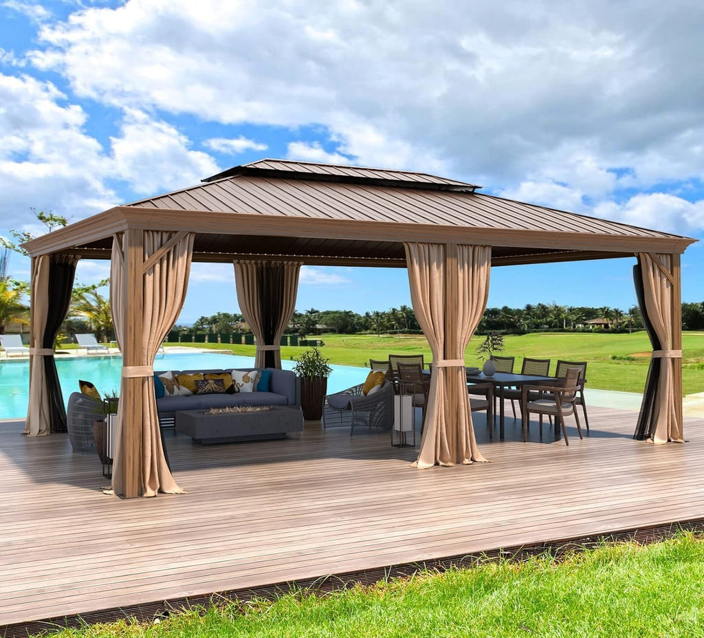 YOLENY 14'x20' Gazebo, Galvanized Steel Double Roof with Wood Grain Aluminum Frame, Outdoor Permanent Metal Pavilion with Curtains and Nettings for Patio, Backyard and Deck