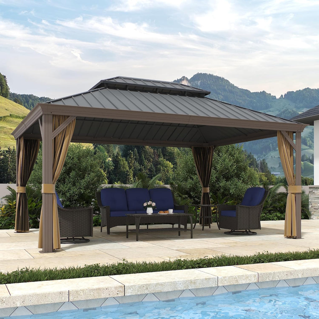 12'x16' Hardtop Gazebo with Netting and Curtains, Outdoor Aluminum Frame Pergola, Heavy Duty Metal Double Roof of Galvanized Steel Pavilion for Patio, Backyard, Deck, Lawns