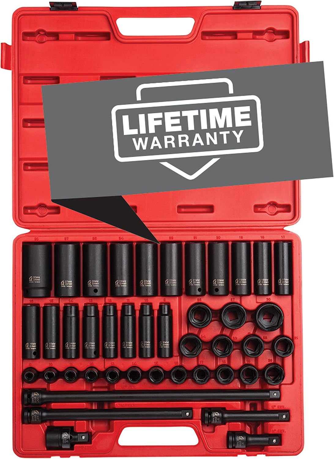 Sunex 2569, 1/2' Drive Master Impact Socket Set, 43Piece, Metric, 9mm - 30mm, Standard/Deep, Cr-Mo Alloy Steel, Radius Corner Design, Heavy Duty Storage Case, Universal Joint & Impact Extensions