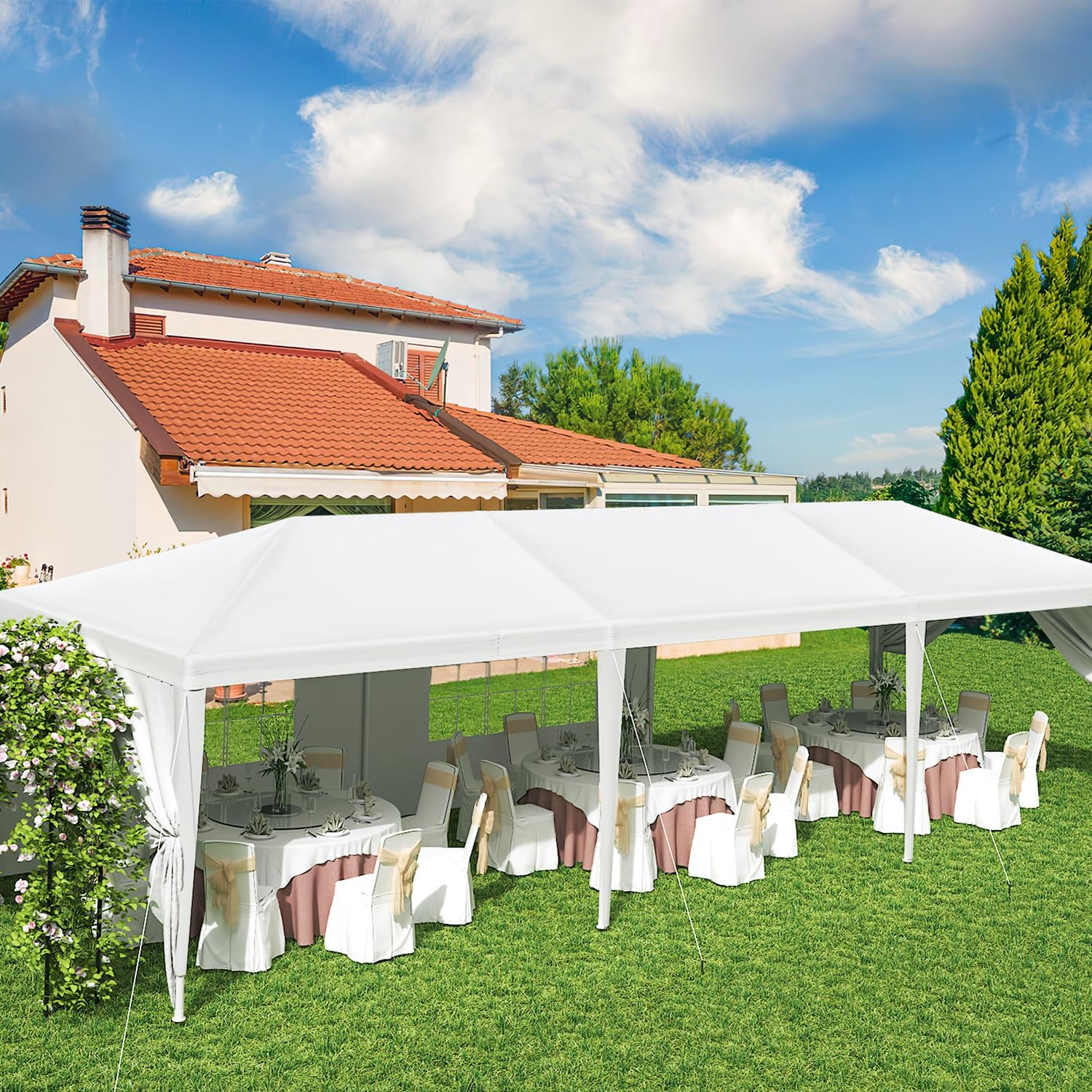 Greesum 10x30 Outdoor Canopy Tent Patio Camping Heavy Duty Gazebo Shelter Party Wedding BBQ Events with Side Removable Walls, Waterproof Shelter, White