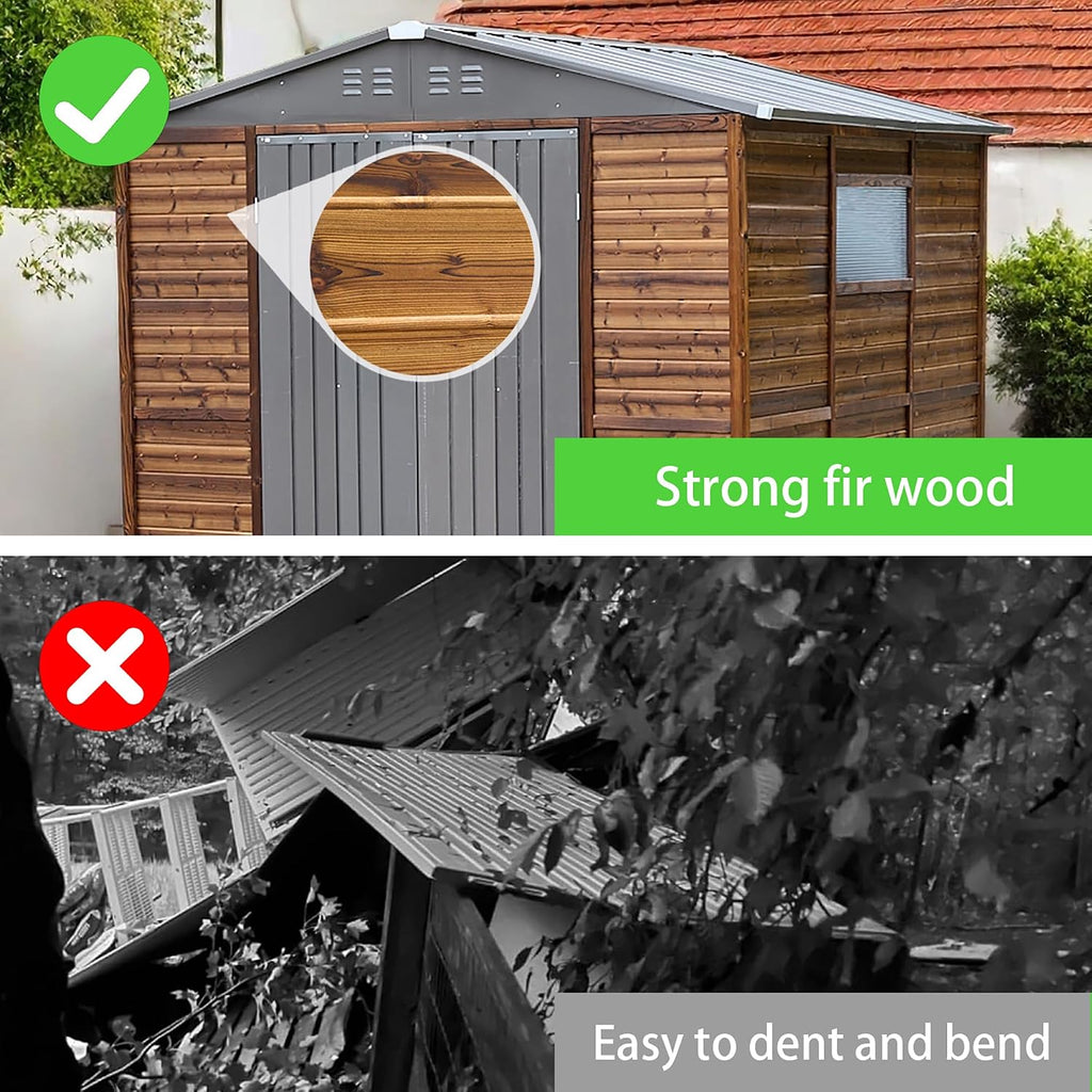 8x8 FT Outdoor Tool Shed, Wood-Iron Combination Storage Shed with Ventilation, Weather-Resistant Roof, Lockable Doors & Wood Grain Finish for Backyard and Garden