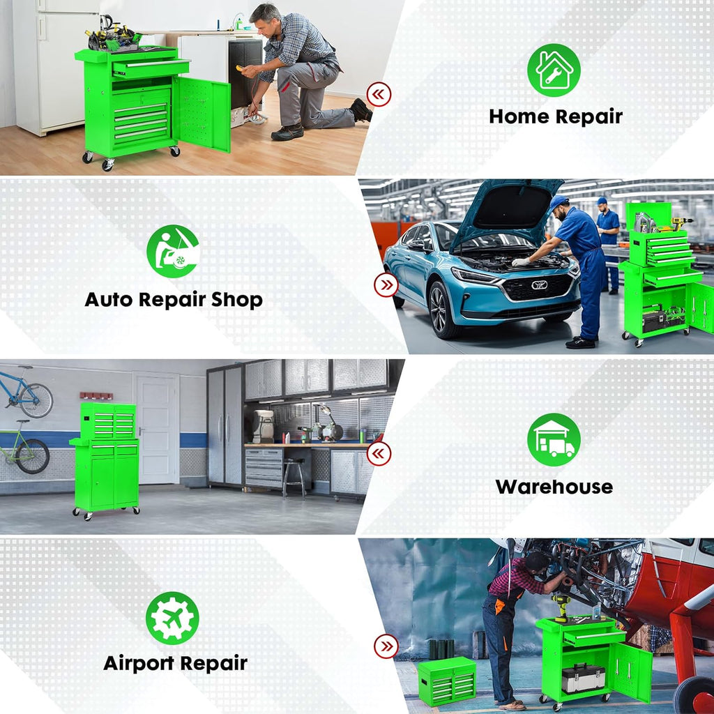 5-Drawer Rolling Tool Chest – 2-in-1 Lockable Tool Box with Wheels, Sliding Drawers & Detachable Top – Garage & Workshop Storage Cabinet, Green