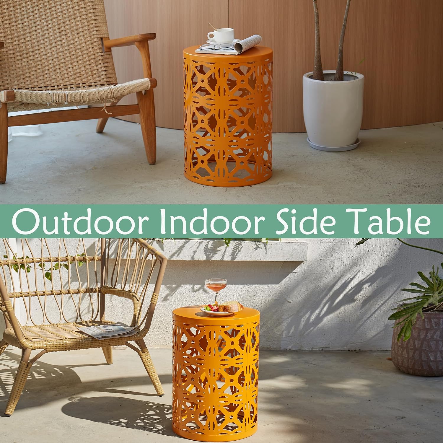 Y&M Metal Round Table, Coffee Table End Patio Table for Indoor Outdoor Multifunctional Use, Heavy Duty Metal Plant Stand Decorative Garden Stool Set of 3 - Orange