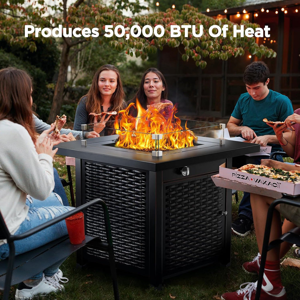 Ciays Propane Fire Pit, 28″ Outdoor Gas Fire Pit, 50,000 BTU Steel Fire Table with Glass Wind Guard, Lid & Lava Rock, Add Warmth and Ambience to Gatherings On Patio Deck Garden (2 Packages)