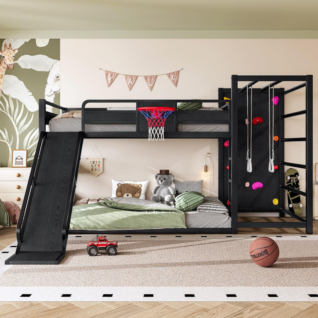 SOFTSEA Full Size Metal Loft Bed with Slide, Heavy Duty Bunk Bed with Bookshelves, Basketball Hoop, Climbing Wall & Pull Up Rings for Kids Teens, Playful Basketball Slide Bed Loft Bed Frame, Black