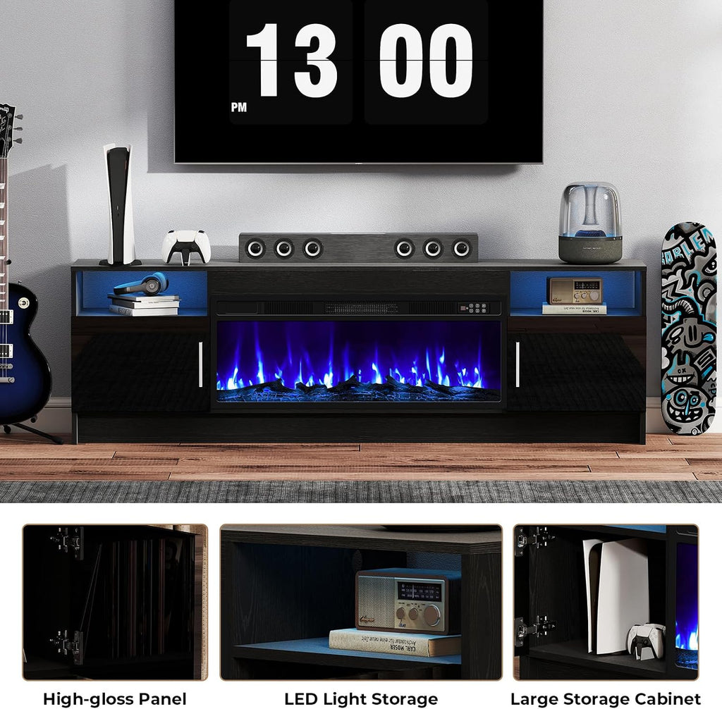 70' Fireplace TV Stand for TVs Up to 80', LED Light Media Console with 36' Electric Heater, Storage Cabinet, Black Entertainment Center for Living Room,Log