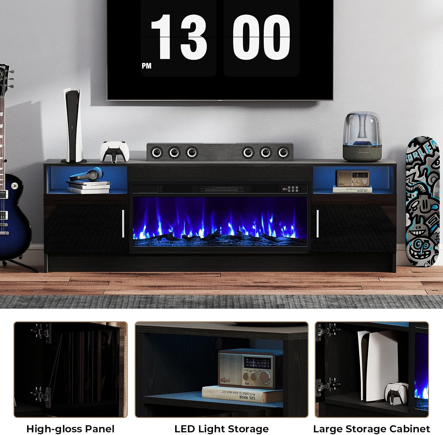 70' Fireplace TV Stand for TVs Up to 80', LED Light Media Console with 36' Electric Heater, Storage Cabinet, Black Entertainment Center for Living Room,Log