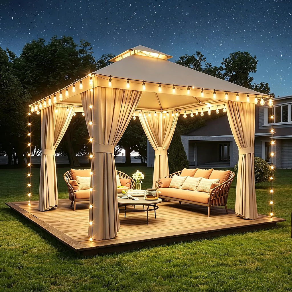 Aoxun 10x10 Outdoor Gazebo with 50FT LED Hanging Lights Metal Frame Canopy with Double Roofs Heavy Duty Party Tent Shelter with Mosquito Netting and Privacy Screen for Backyard, Lawn, Garden(Khaki)